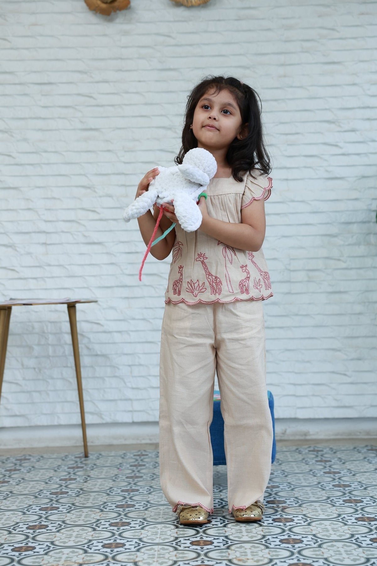 Beige Embroidered Girls Co-Ord Set - Little Ivory Store