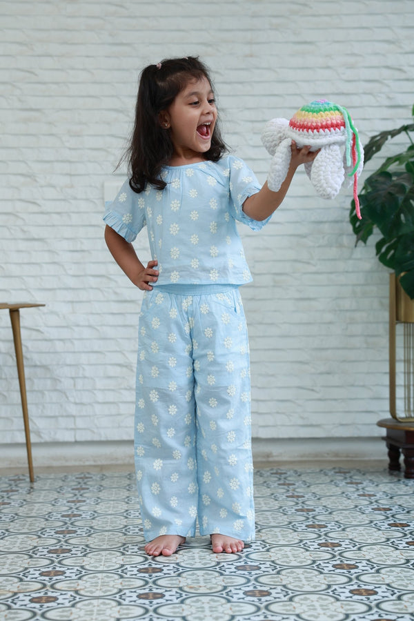 Blue Floral Embroidered Girls Co-Ord Set - Little Ivory Store
