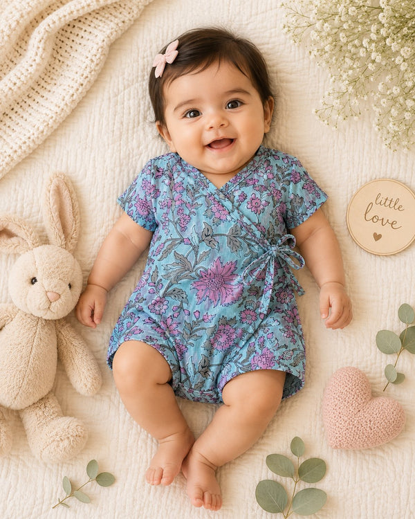Blue Floral Print Cotton Rompers - Little Ivory Store