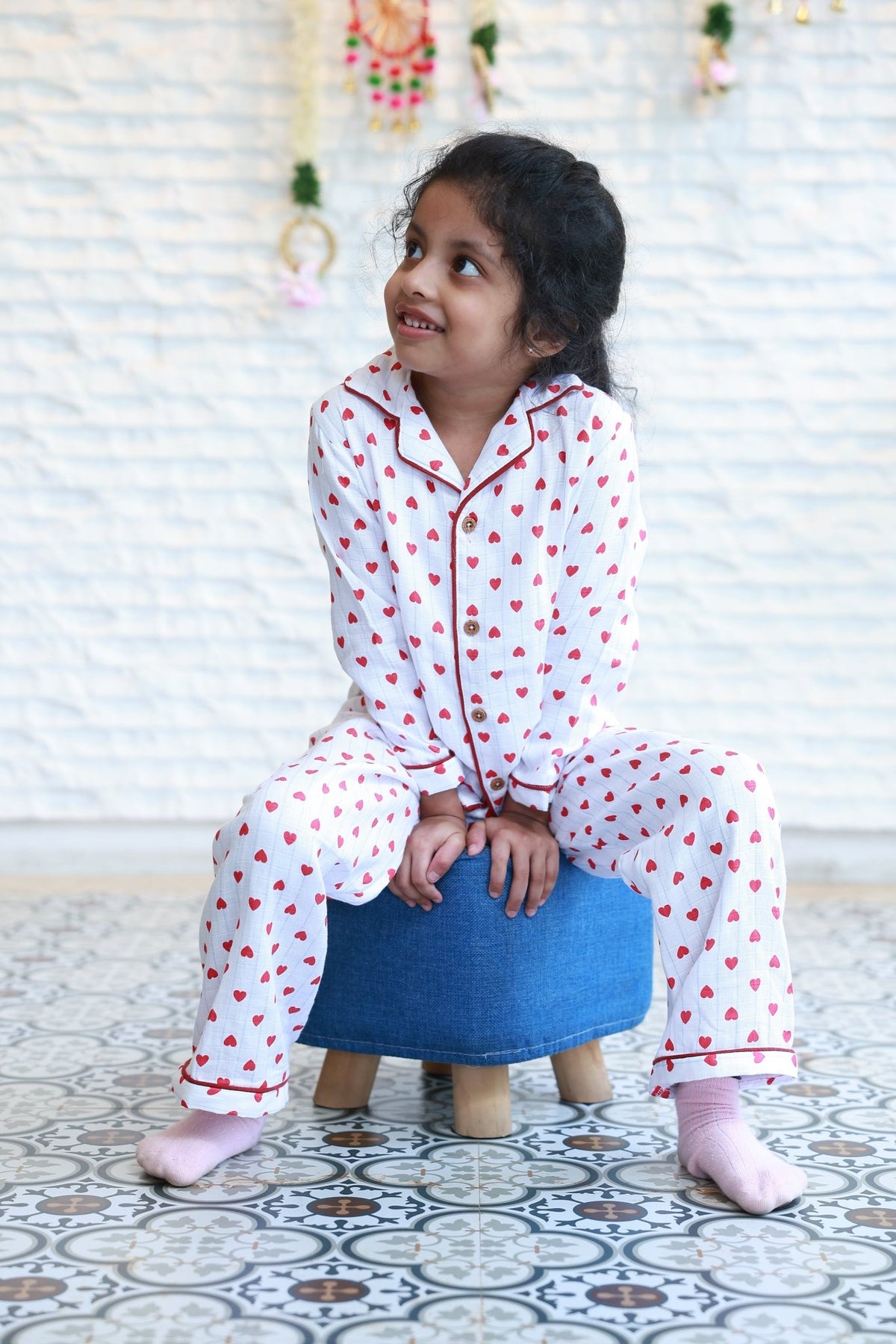 Heart With Stripes Print Muslin Night Suits - Little Ivory Store