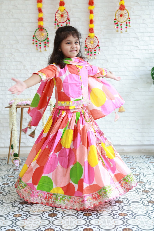 Three Piece Abstract Multicolour Print Lehenga Choli Set - Little Ivory Store