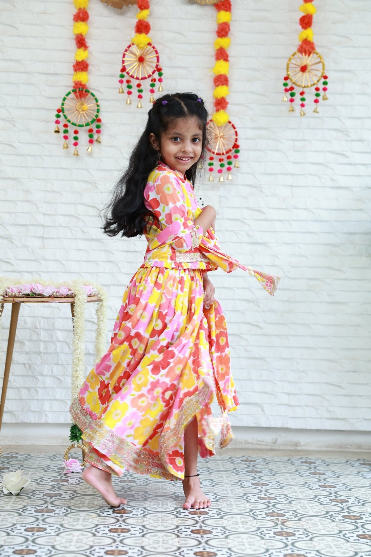 Three Piece Multi Colour Floral Lehenga Choli Set - Little Ivory Store