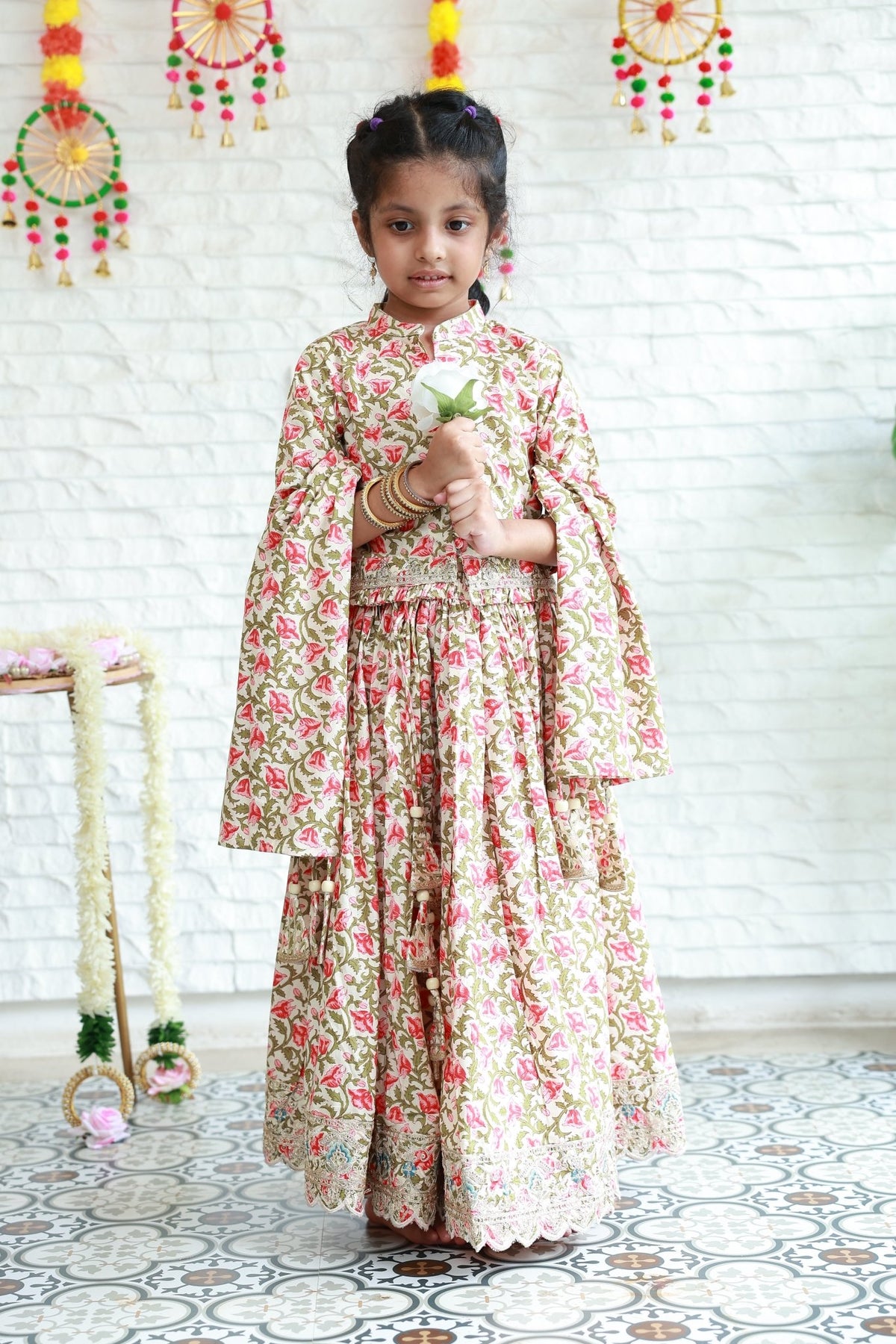 Three Piece White Floral Print Lehenga Choli Set - Little Ivory Store