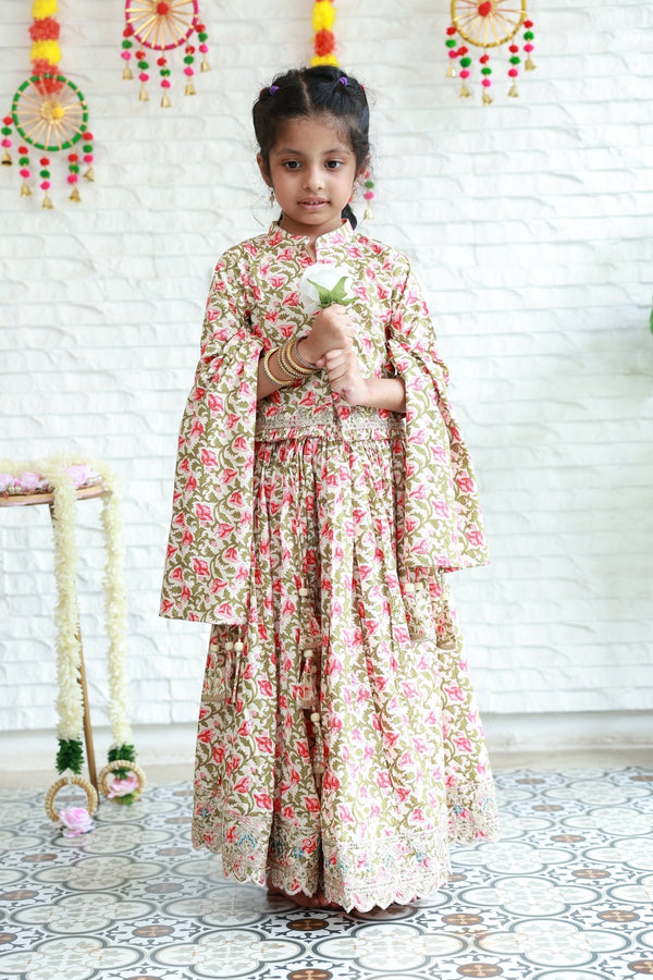 Three Piece White Floral Print Lehenga Choli Set - Little Ivory Store