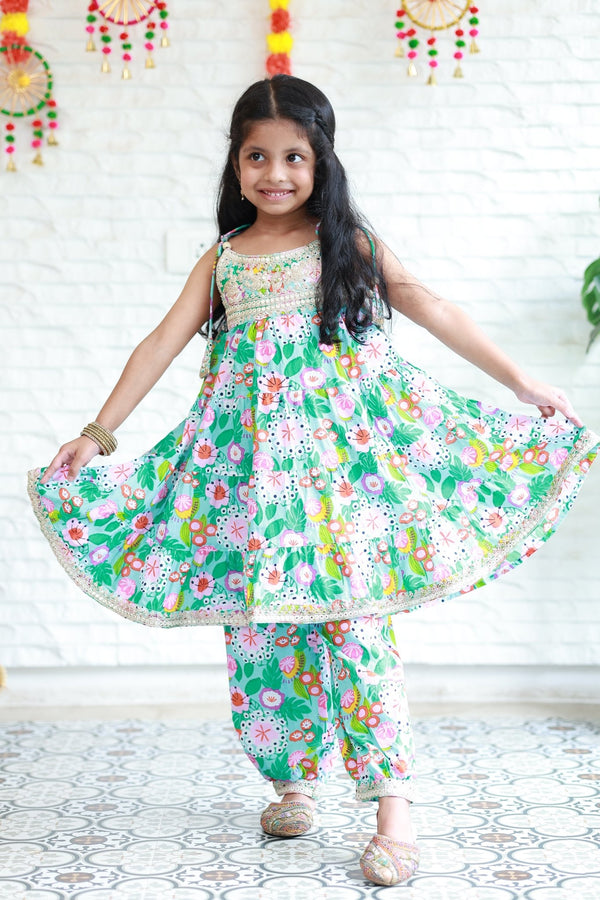 Two Piece Aqua Blue Garden Anarkali With Afghani Pants - Little Ivory Store