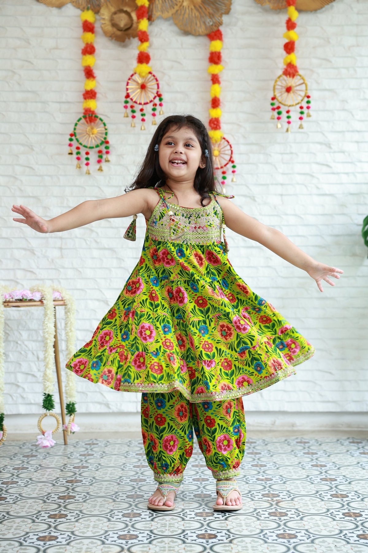 Two Piece Green Floral Anarkali With Afghani Pants - Little Ivory Store