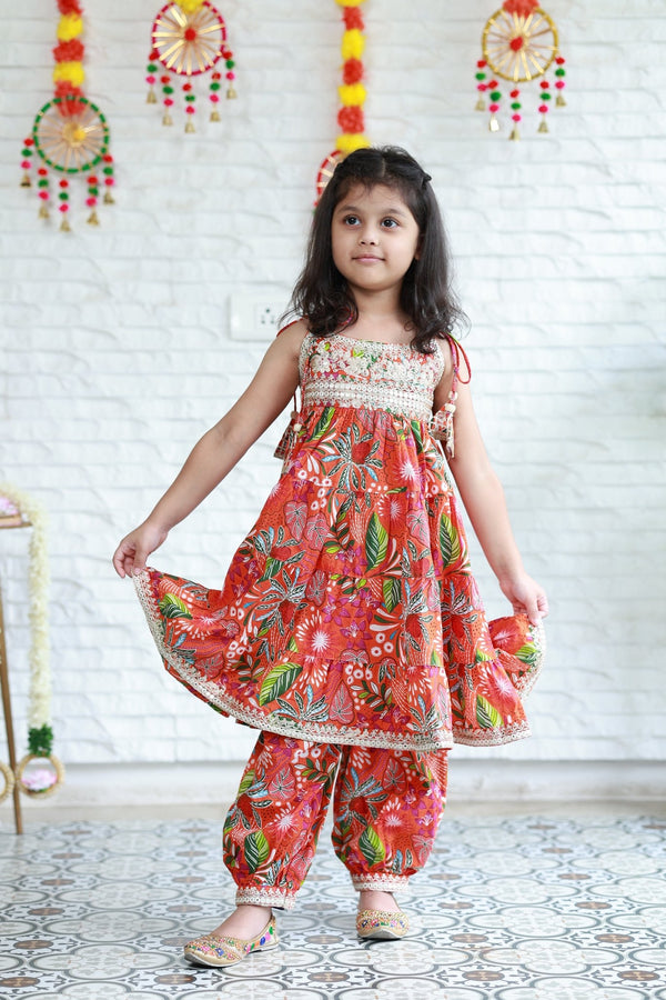 Two Piece Orange Garden Print Anarkali With Afghani Pants - Little Ivory Store