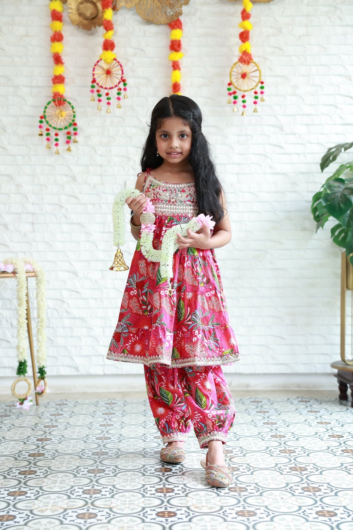 Two Piece Rani Pink Floral Anarkali With Afghani Pants - Little Ivory Store