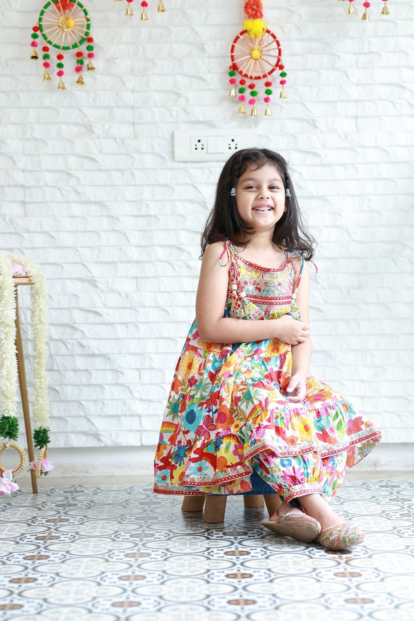 Two Piece White Multicolour Floral Anarkali With Afghani Pants - Little Ivory Store