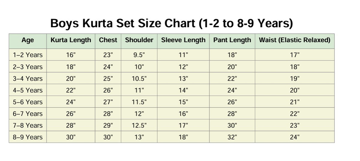 Multicolour floral Boys Kurta Set size chart