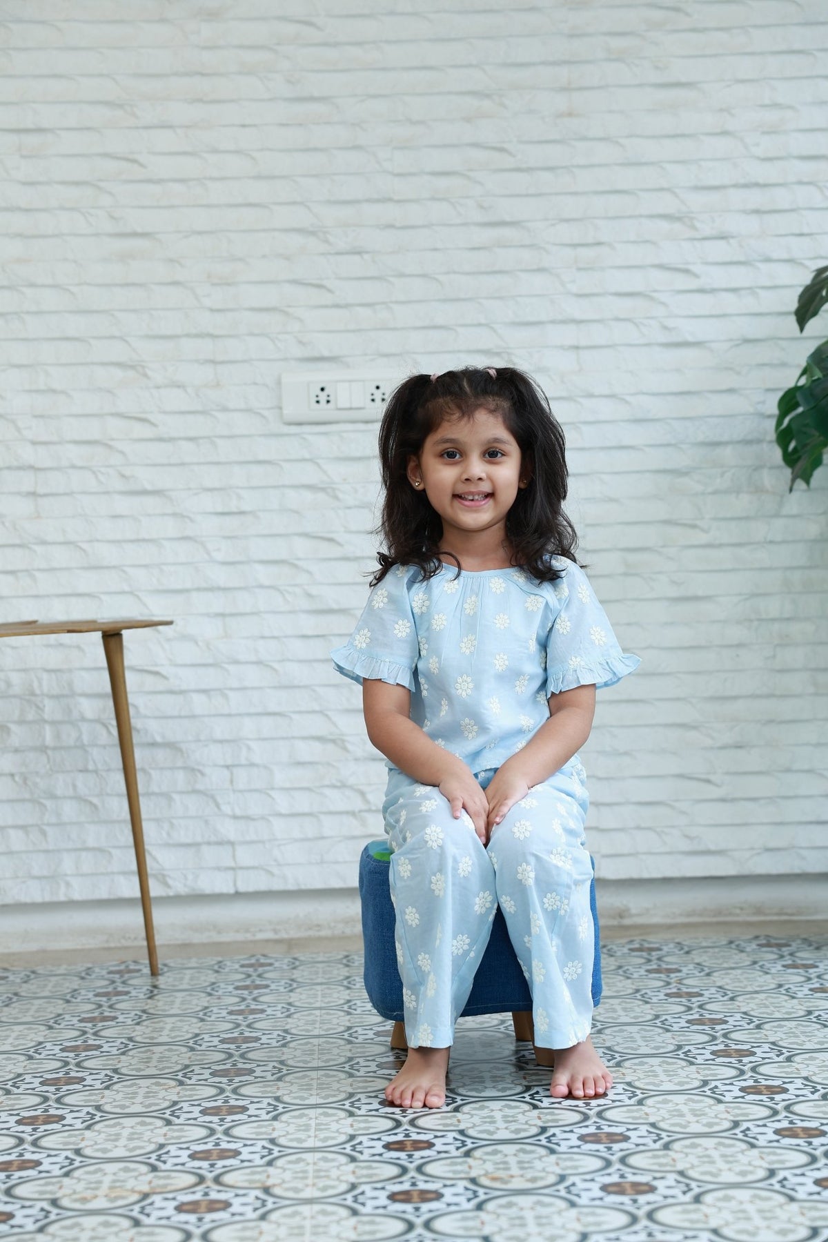 Blue Floral Embroidered Girls Co-Ord Set - Little Ivory Store