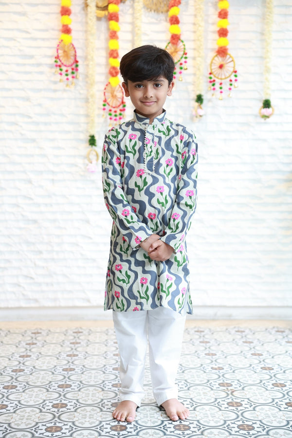 Blue Waves Floral Boys Kurta Set - Little Ivory Store