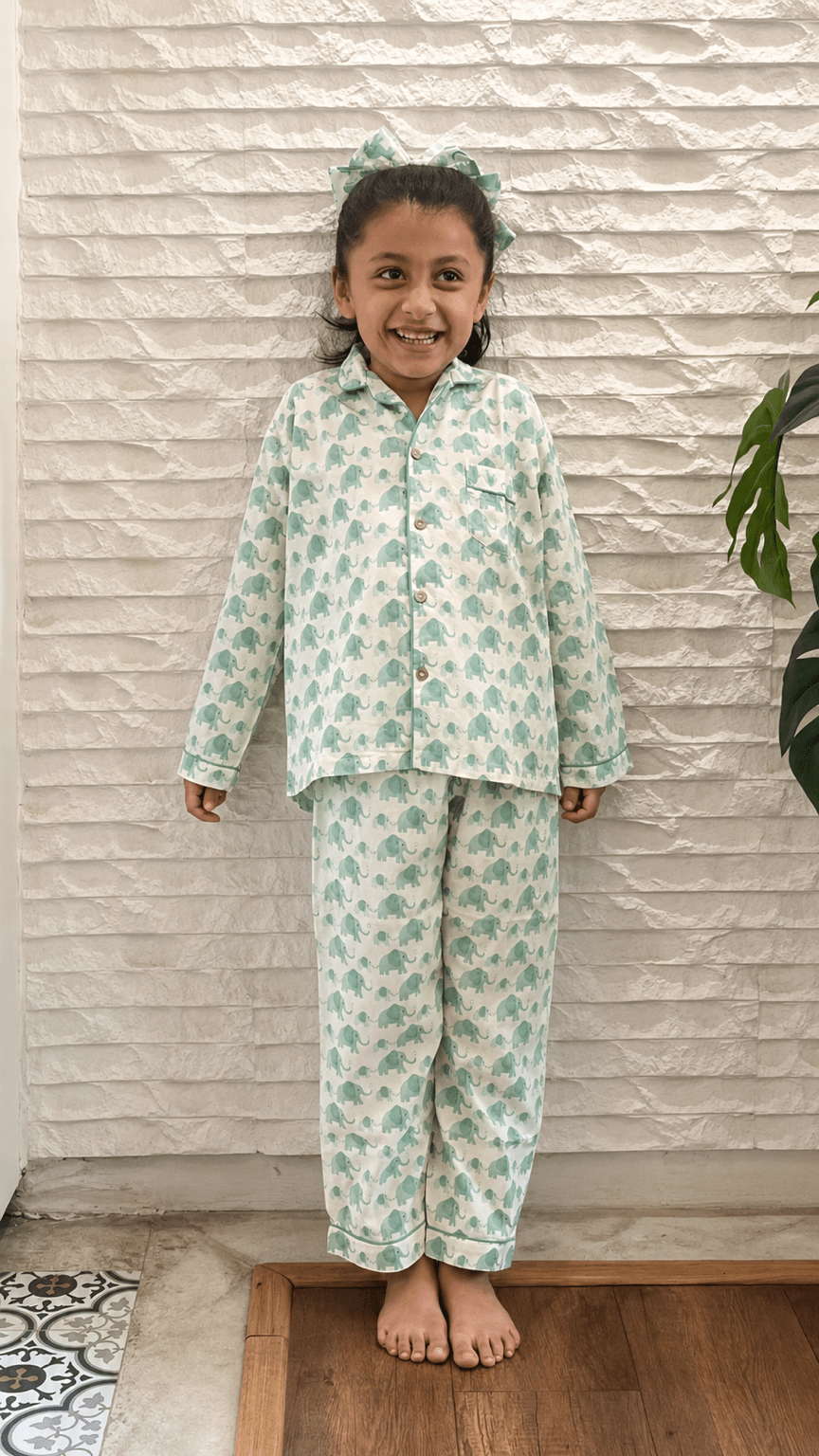 Green Elephant Print Night Suit - Little Ivory Store