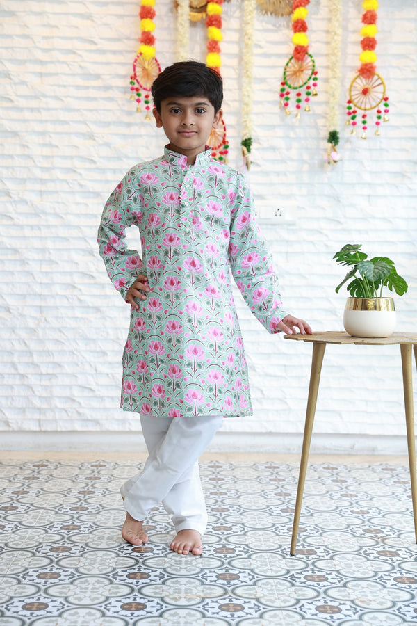 Lotus Print Boys Kurta Set - Little Ivory Store