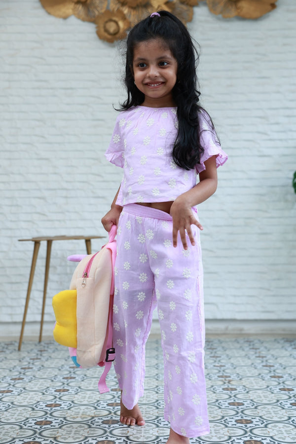 Purple Floral Embroidered Girls Co-Ord Set - Little Ivory Store