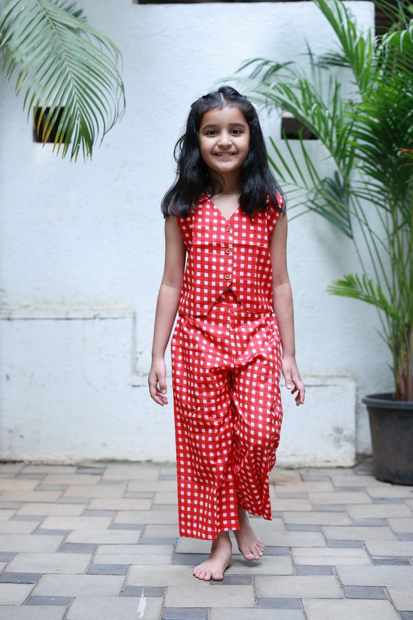 Red cotton waist coat girls co-ord set - Little Ivory Store