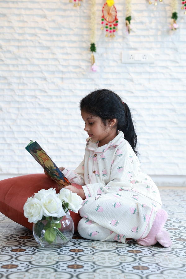 Strawberry Print Muslin Night Suits - Little Ivory Store