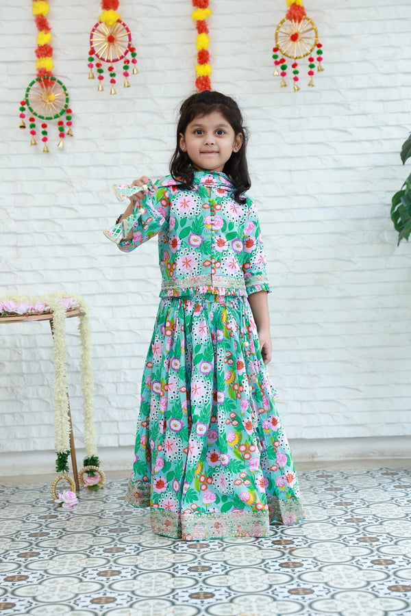 Three Piece Aqua Blue Garden Print Lehenga Choli Set - Little Ivory Store