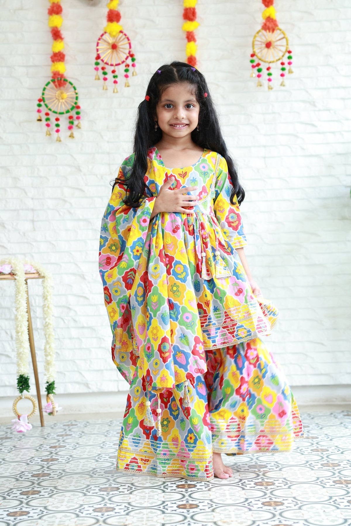 Three Piece Grey Motif Sharara Set - Little Ivory Store