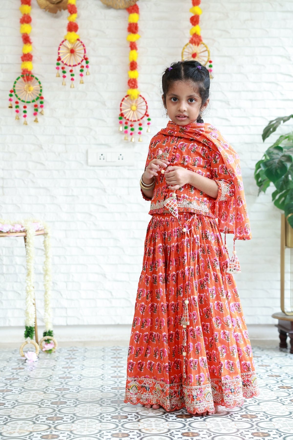 Three Piece Orange Print Lehenga Choli Set - Little Ivory Store