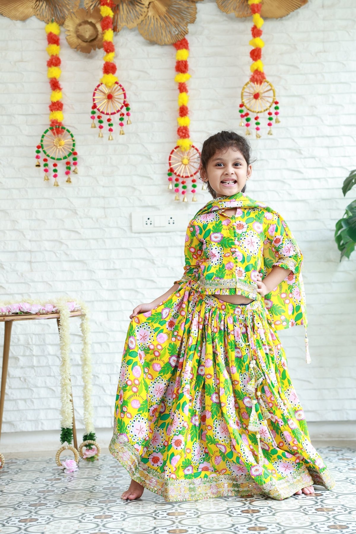Three Piece Yellow Garden Print Lehenga Choli Set - Little Ivory Store
