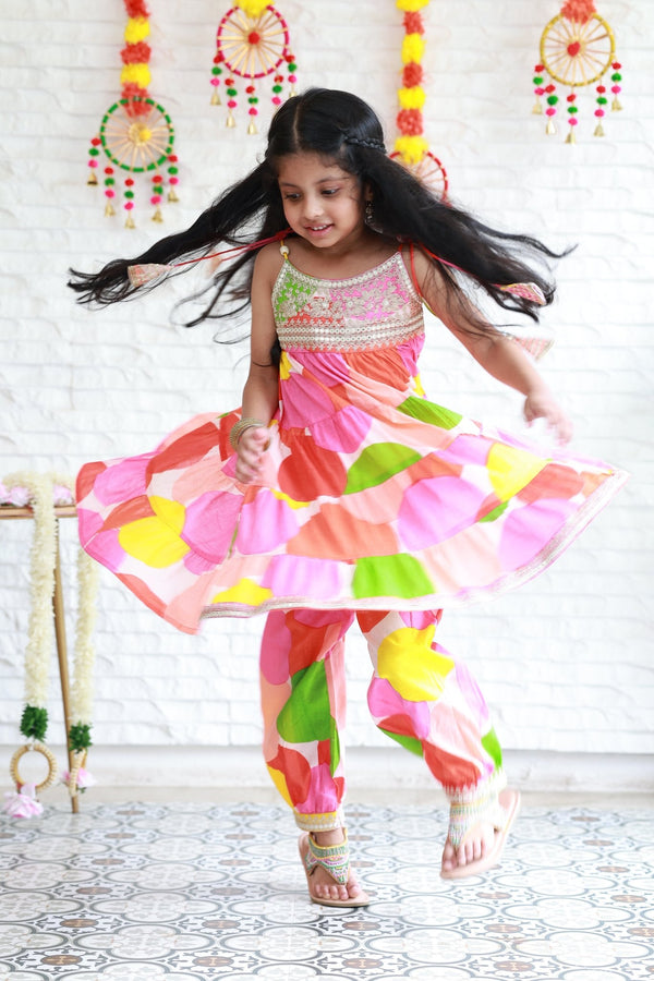Two Piece Abstract Multicolour Anarkali With Afghani Pants - Little Ivory Store