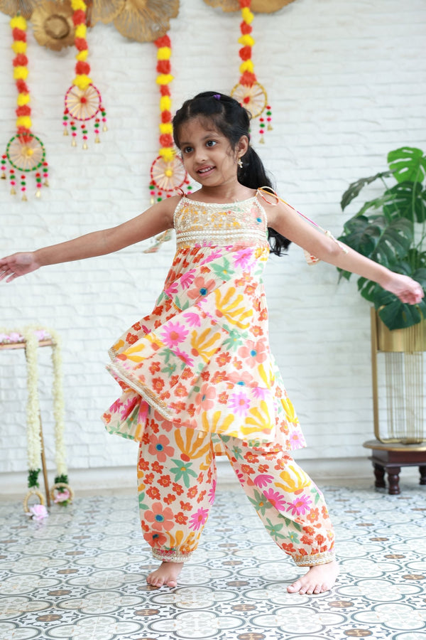 Two Piece Offwhite Multicolour Splash Anarkali With Afghani Pants - Little Ivory Store